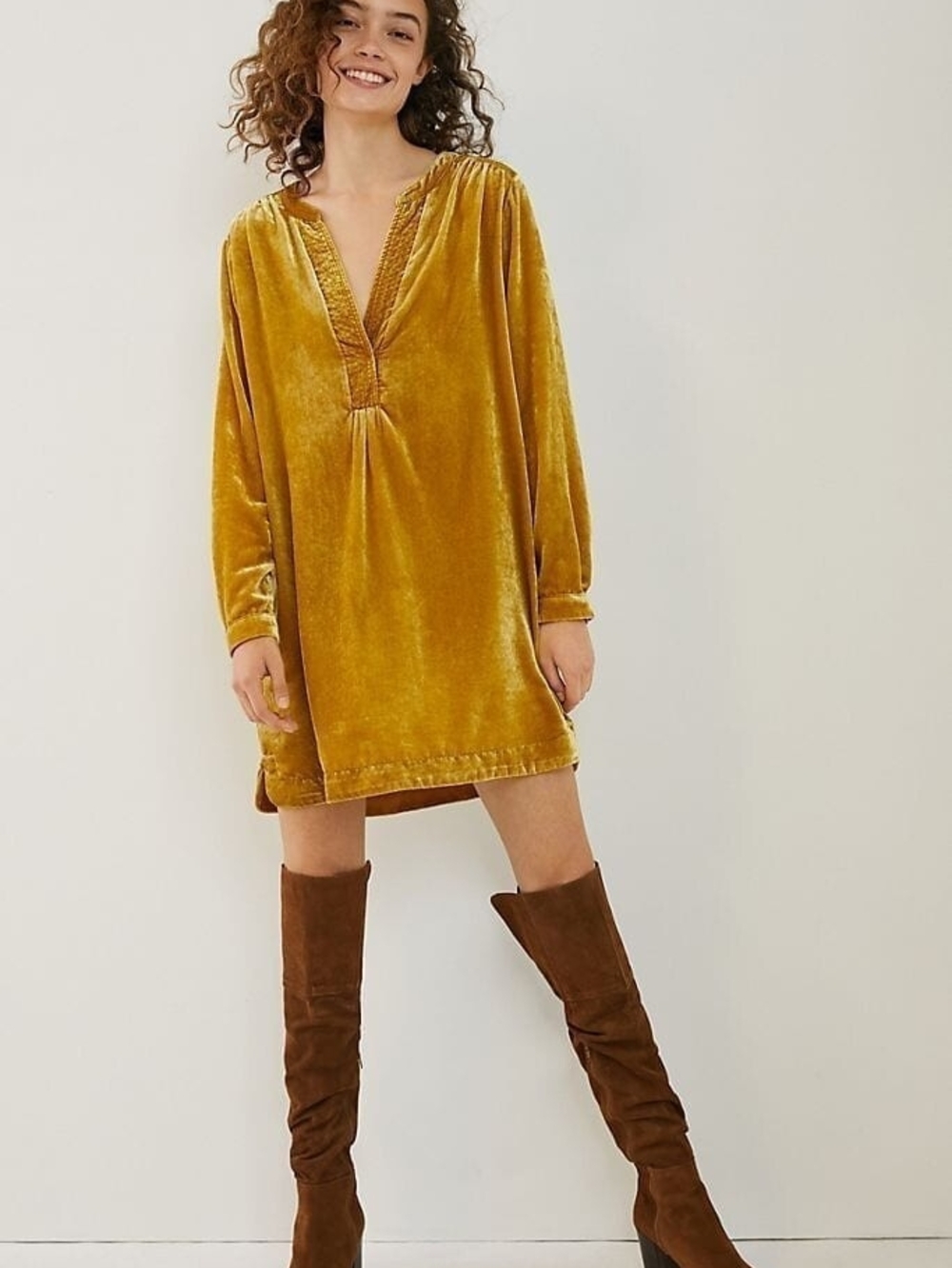 Anthropologie Melody Velvet Tunic Dress Gold Chartreuse Size S Like New